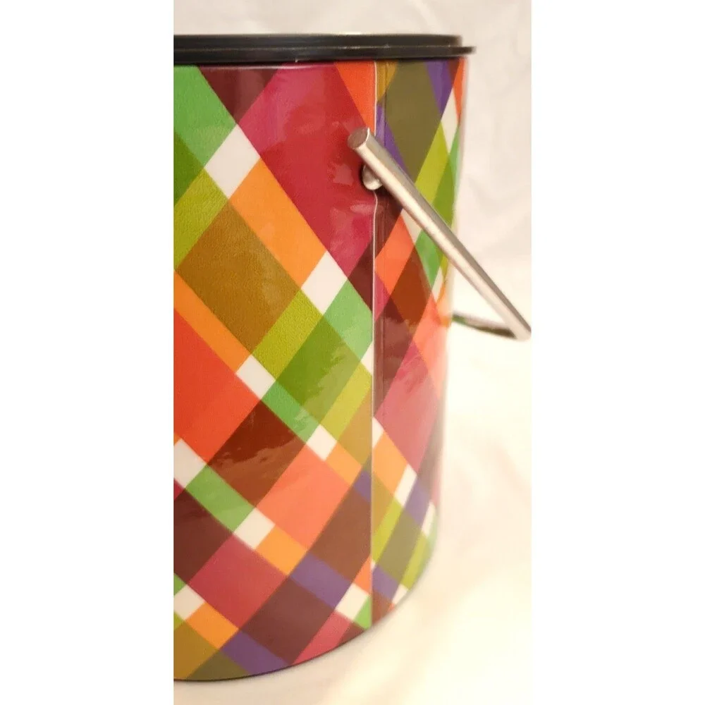 Colorful Plaid Ice Bucket With Lid & Handle Mid Century Style Retro Design Neon